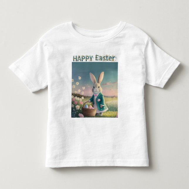 Camiseta coelho de Páscoa com ovos de Páscoa Feliz Páscoa (Frente)