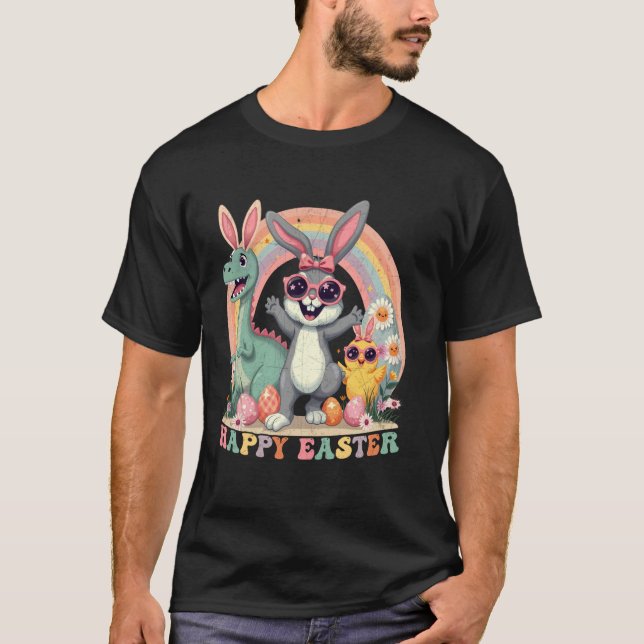 Camiseta Coelho de Páscoa Dinossauro Ovos de Páscoa Feliz (Frente)