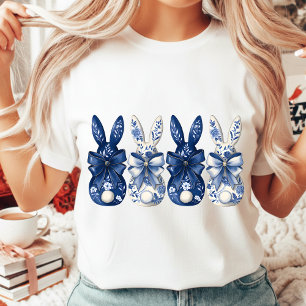 Camiseta Coelho de Páscoa em Chinoiserie Azul Branco Floral