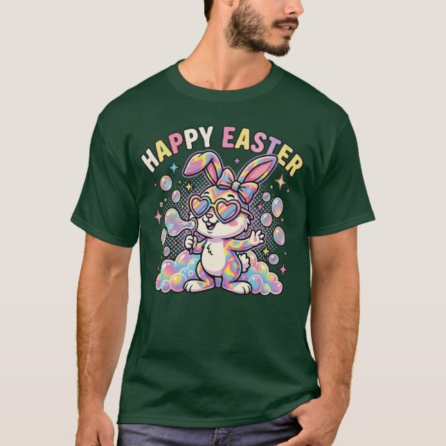 Camiseta Coelho de Páscoa Feliz e Fofo com Vibrações de Pri (Frente)
