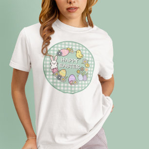 Camiseta Coelho de Páscoa Feliz Ovos Xadrez Verde