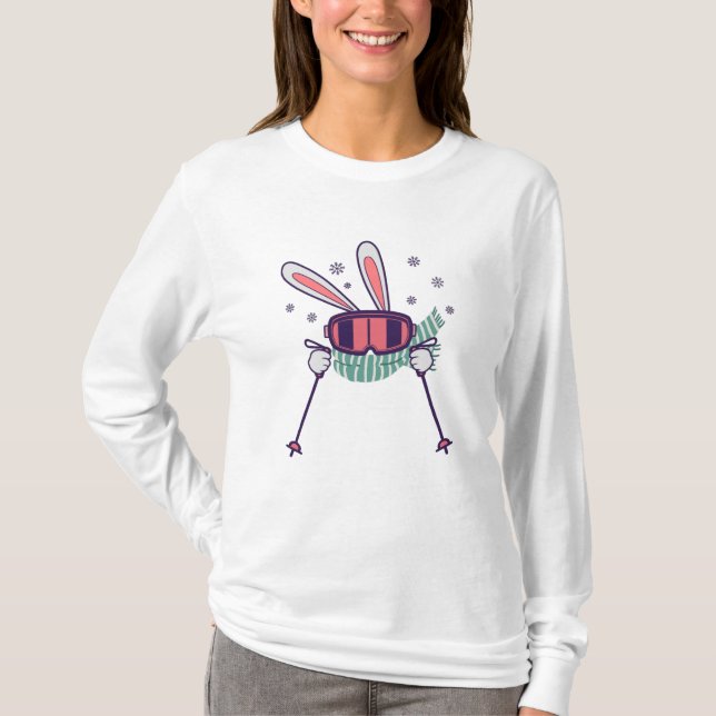 Camiseta Coelho do esqui com óculos de esqui e cachecol (Frente)