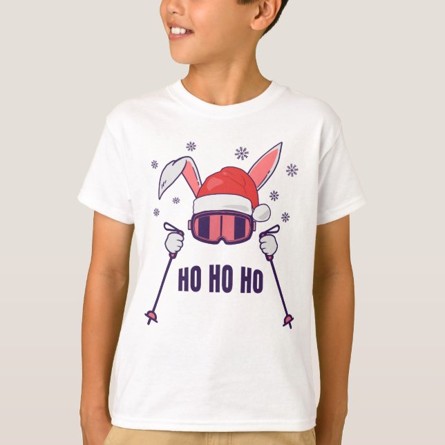 Camiseta Coelho dos Papais noeis de esqui com Santa Hat e b (Frente)