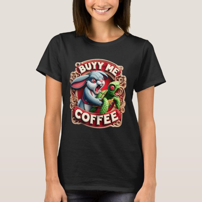 Camiseta Coelho e Tartaruga: Café Comprar Me (Frente)