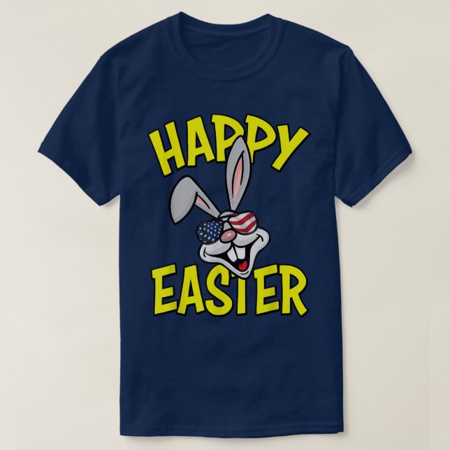 Camiseta Coelho Engraçado com Bandeira Americana Óculos de  (Frente do Design)