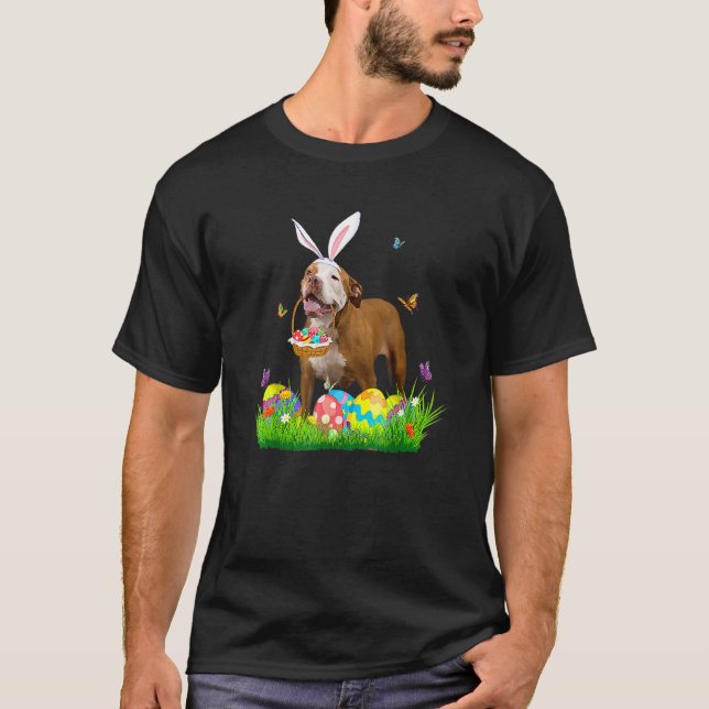 Camiseta Coelho Engraçado Pit Bull Com Cesta de Ovos Flor d (Frente)