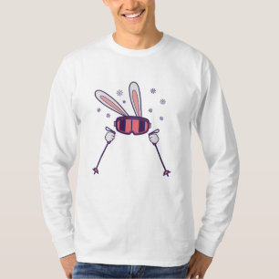 Camiseta Coelho esquiando com bastões de esqui e óculos de 