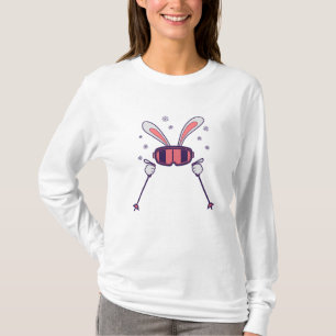 Camiseta Coelho esquiando com bastões de esqui e óculos de