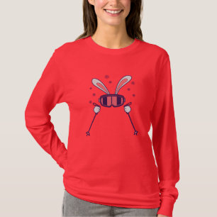 Camiseta Coelho esquiando com bastões de esqui e óculos de 
