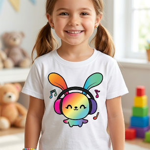 Camiseta Coelho feliz com fones de ouvido ouvindo música.
