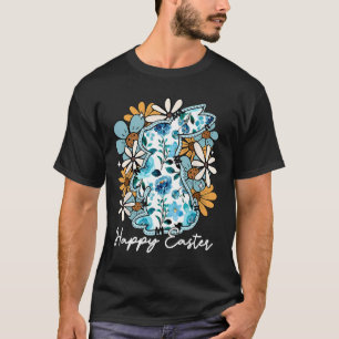 Camiseta Coelho Feliz da Páscoa Azul Floral Amarelo Design 