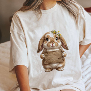 Camiseta Coelho Fofo Com Coroa de Flores Segurando Placa de