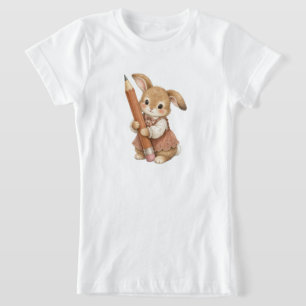 Camiseta Coelho Fofo com Lápis Meninas de Volta às Aulas 