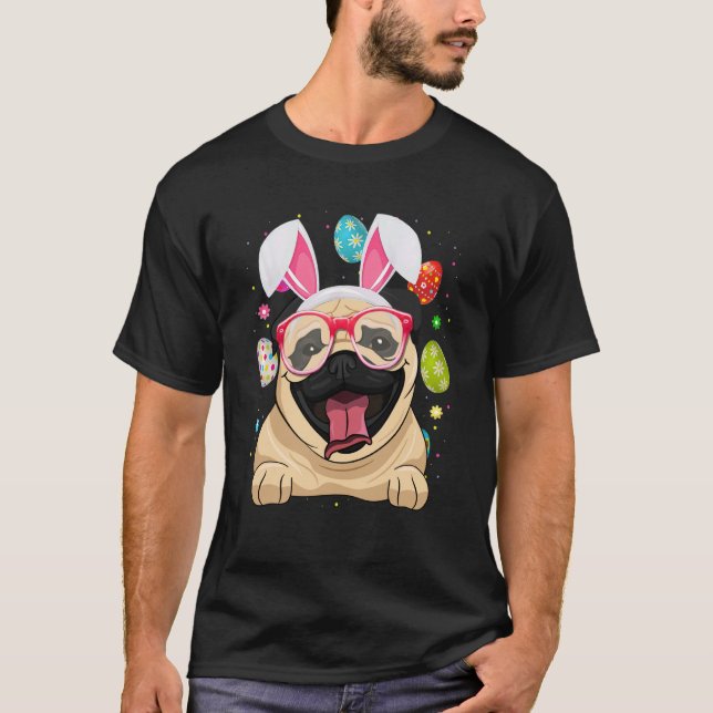 Camiseta Coelho Fofo Pug Rosto de Cachorro Ovos de Páscoa D (Frente)