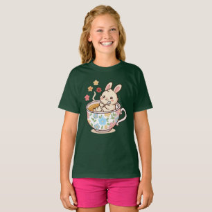 Camiseta Coelho Fofo Relaxando em Xícara de Chá Floral com
