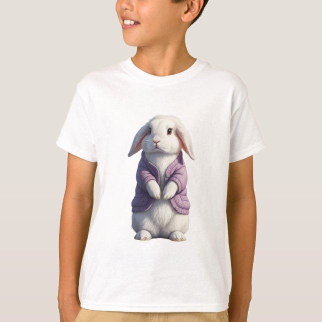Camiseta Coelho Fofo Vestindo Jaqueta Roxa Crianças (Frente)