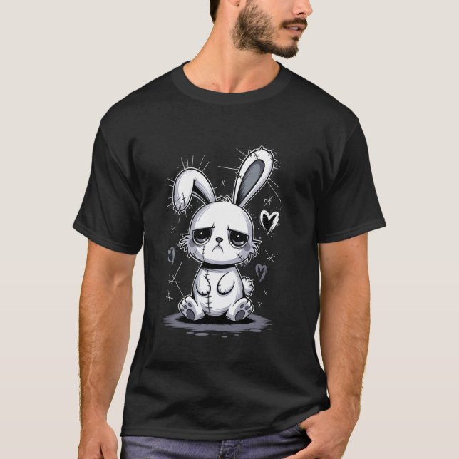 Camiseta Coelho Gótico Triste Fofinho Emo Coração Quebrado (Frente)