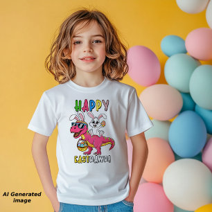 Camiseta Coelho Montando Dinossauro T-Rex Feliz Páscoa
