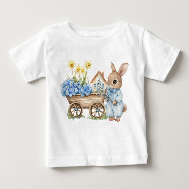 Camiseta Coelho Personalizado com Flores Azuis (Frente)