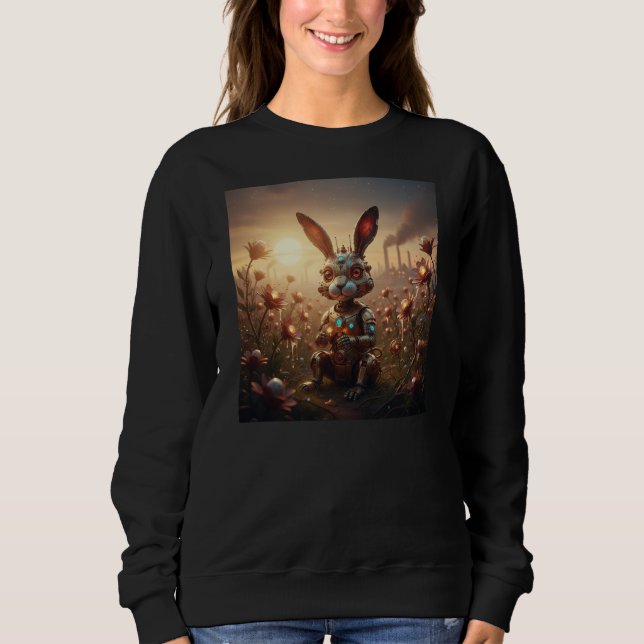 Camiseta Coelho Robô em Campo de Flores Steampunk (Frente)