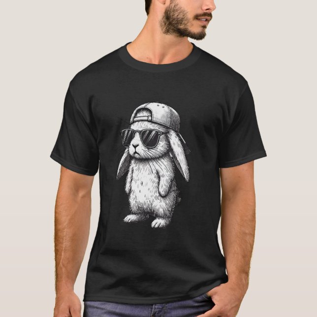 Camiseta Coelho Rosto Com Óculos De Sol Boné Dia De Páscoa  (Frente)