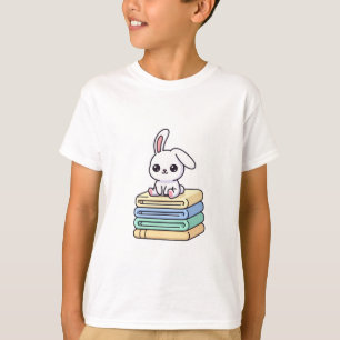 Camiseta Coelho Sentado em Livros Coloridos Crianças