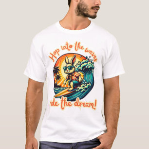 Camiseta Coelho surfando navegando pelas ondas do oceano