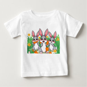 Camiseta Coelhos de Cartoon Adoráveis Comendo Carroçaria T-