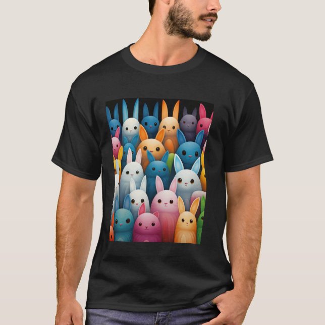 Camiseta Coelhos de Páscoa Engraçados Design Multicolorido  (Frente)