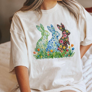Camiseta Coelhos Florais em Aquarela Arte de Primavera Pásc