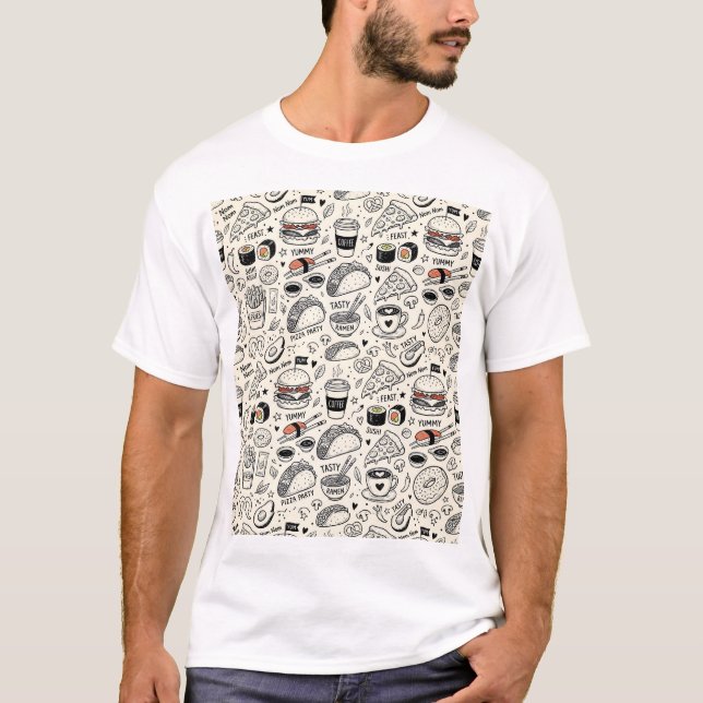Camiseta Coffee & Café Doodle Pattern –Cute Hand Drawn Food (Frente)
