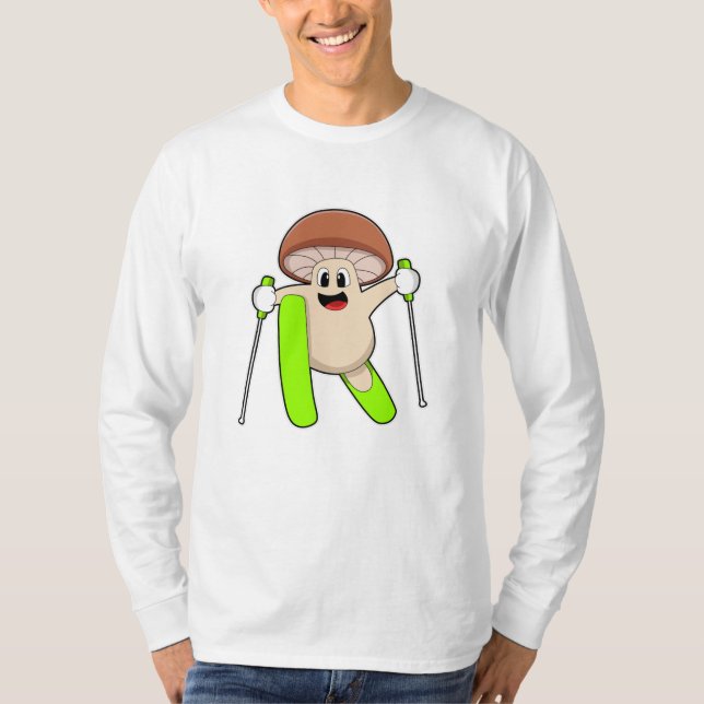 Camiseta Cogumelo como esquiador com esqui (Frente)