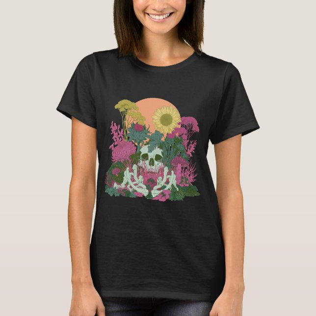 Camiseta Cogumelo Flor de Caveira Arte Botânico (Frente)