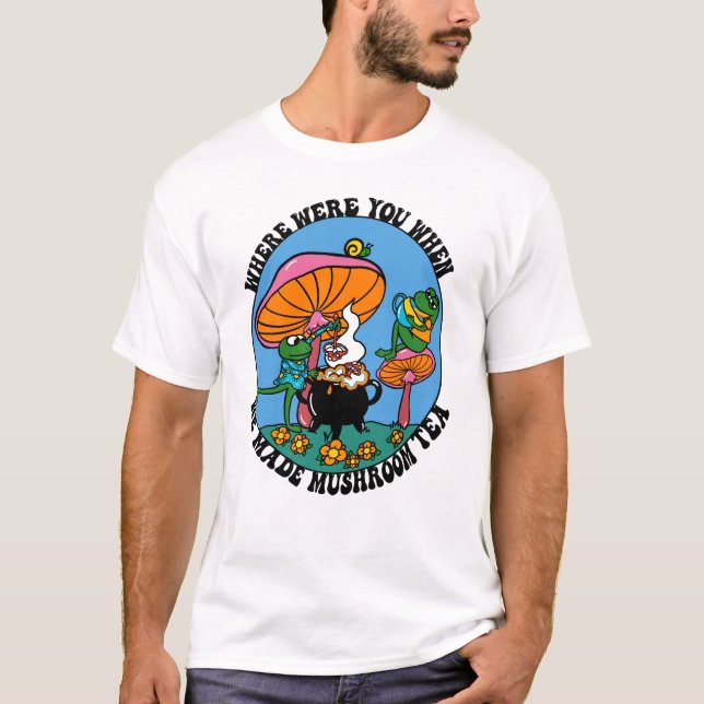 Camiseta Cogumelo Tea Trippy 70s Sapos Arco-íris (Frente)
