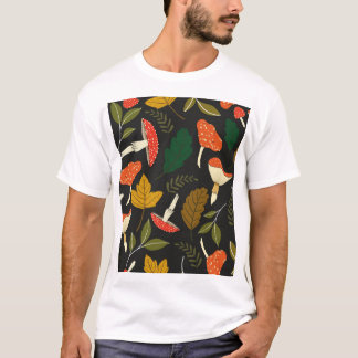 Camiseta Cogumelos coloridos, folhas, cor de cheio.