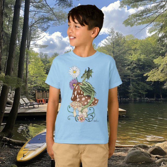 Camiseta Cogumelos de Flores de Dragão da Fantasia Verde Ca (Criador carregado)