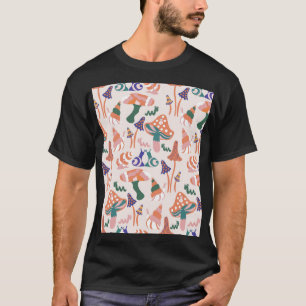 Camiseta Cogumelos de outono, design sem costura colorida.