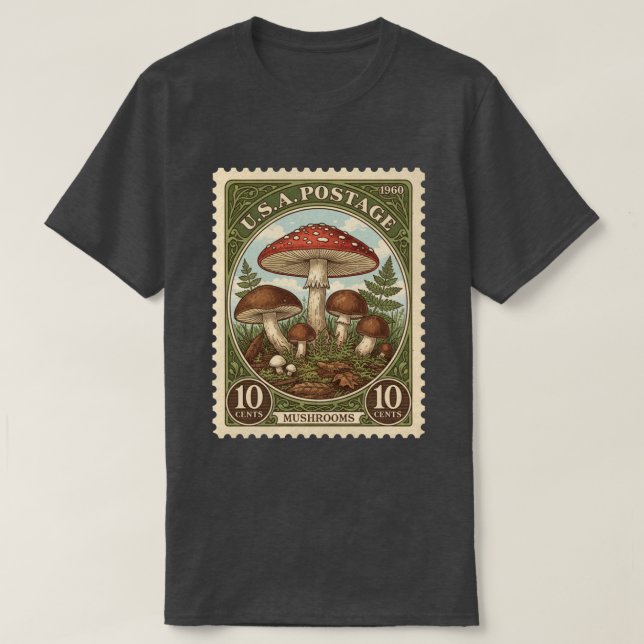 Camiseta Cogumelos de Selo Postal Vintage (Frente do Design)