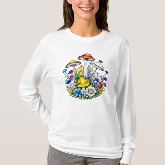 Camiseta Cogumelos e flores mágicas (Frente)