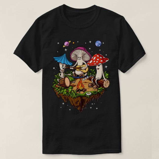 Camiseta Cogumelos Hippie acampando Fungi Florestal Psicodé (Frente do Design)