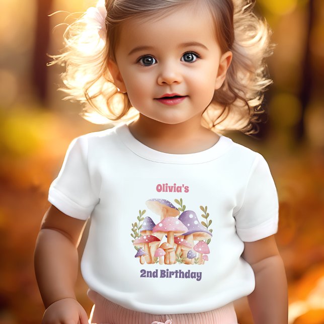 Camiseta Cogumelos Puros Rosa Querem segundo aniversário Ga (Pink Purple Mushrooms Fall 2nd Birthday Girl Toddler T-shirt)