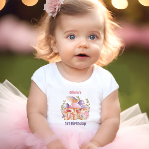 Camiseta Cogumelos Púrpuros Rosa Querem primeiro aniversari