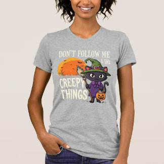 Camiseta Coisas Assustadoras Gato de Halloween Bruxa Design