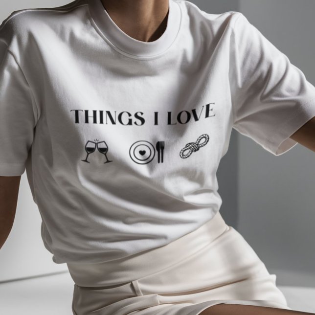 Camiseta Coisas da corda Shibari que eu amo (Things i love: wine, food and rope, shibari tee)