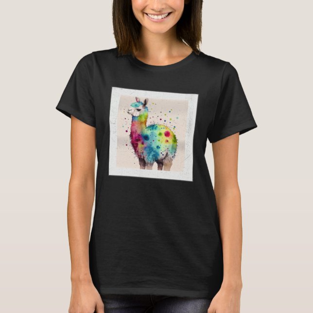 Camiseta Col Ilustração de Llama Arco-íris Fofo com Salpico (Frente)