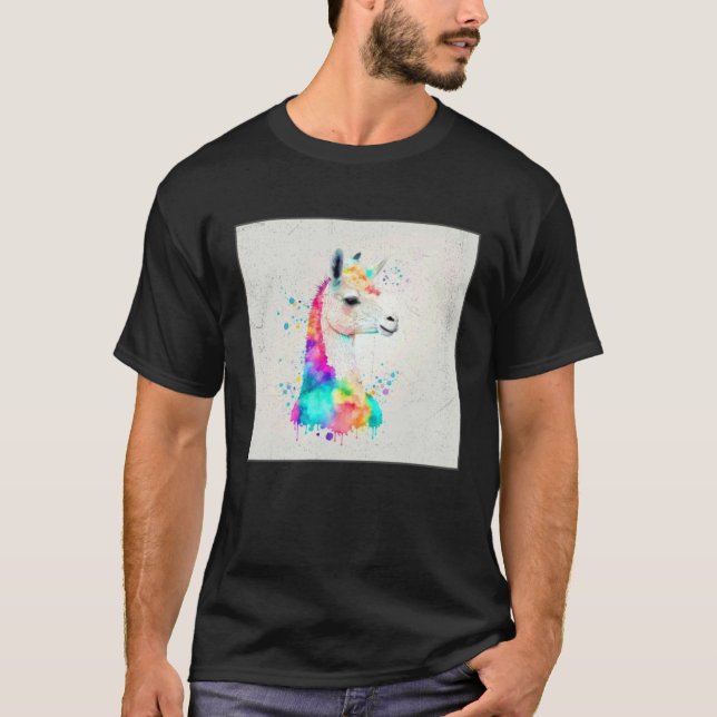 Camiseta Col Ilustração de Llama Arco-íris Fofo com Salpico (Frente)