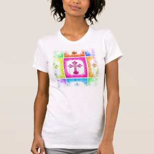 Camiseta Colagem Colorida de Arte Pop Cristã Cruzada Colori