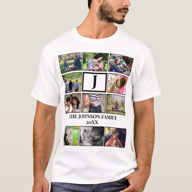 Camiseta Colagem de Fotografias do Monograma 11 da Família  (Frente)
