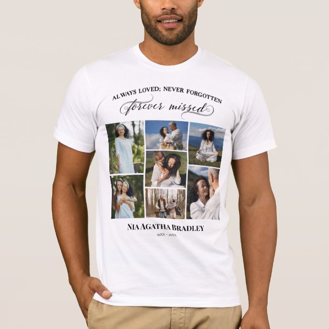 Camiseta Colagem de Fotos Memorial Nunca Perdida em Script  (Frente)