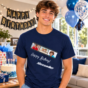 Camiseta Colagem de fotos nome do aniversariante azul
